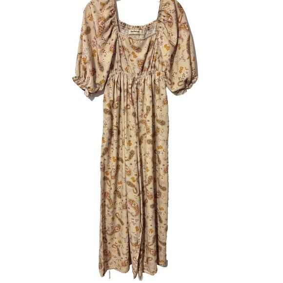Three Bird Nest Pants - Three Bird Nest Jumpsuit Womens Small Beige Bohemian Paisley‎ Print Puff Sleeve